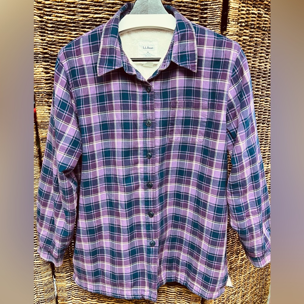 L.L. Bean - Womens Purple flannel w/White Fleece-Lined Garment, Medium